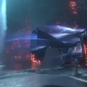 After Effects Project Dynamic Futuristic Gaming, A hooded figure moves through a dark neon-lit sci-fi scene with glowing…