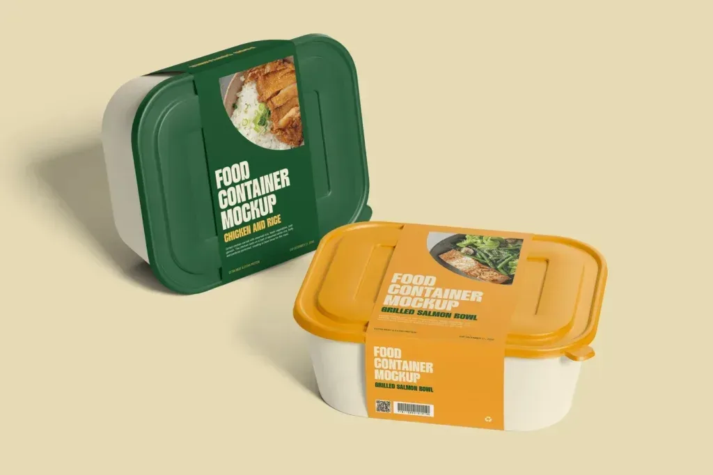 PSD Mockup Lunch Box Containers, Two lidded food containers, one green upright and one yellow lying flat.