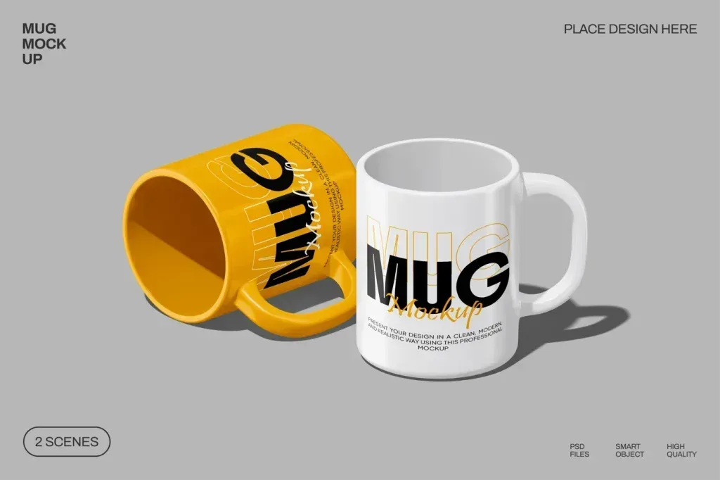 PSD Mockup Mug with 2 Editable, Two mugs, one yellow and one white, shown as a mockup with design text.