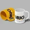 PSD Mockup Mug with 2 Editable, Two mugs on a gray background, one yellow on its side and one white upright with bold…