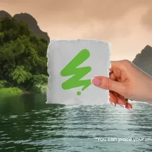 Hand Holding Torn Paper Over a Lake Scene After Effects Project Seamless Object Presentation, Hand holding torn paper with a green symbol over a lake and mountains