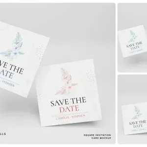 PSD Mockup Square Invitation Card, Two square invitation cards with floral designs and save the date text