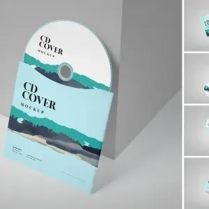 PSD Mockup CD Realistic Music, CD with blue and teal abstract landscape design on cover and disc