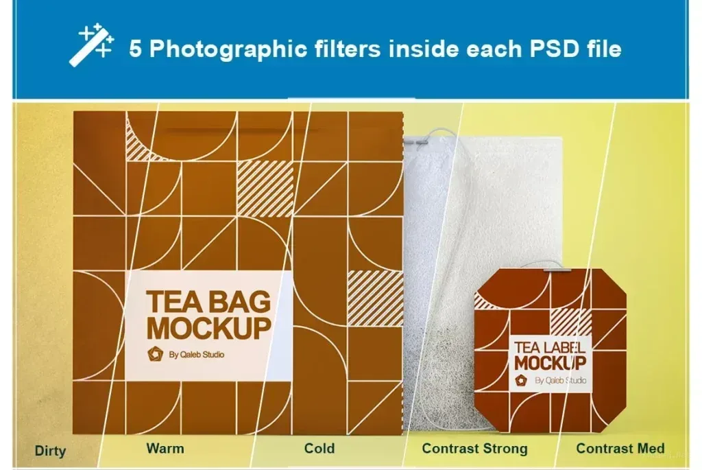 PSD Mockup Tea Bag Packaging, Tea bag packaging and tea bag label mockup with geometric brown and white design
