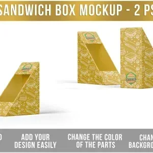 PSD Mockup Sandwich Box Packaging, Two yellow sandwich box packaging mockups with white food illustrations and a…
