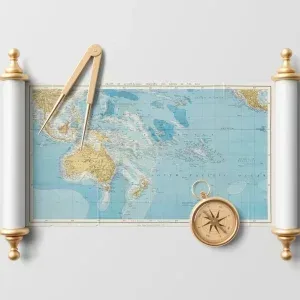 PSD Mockup Map Scene with Editable Elements and Navigation Tools PSD Mockup Map Scene with Editable, Rolled map showing Australia and surrounding islands with golden compass and divider