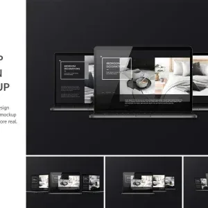 PSD Mockup Dark Laptop Device, Dark laptop device showing bedroom decoration designs on screen