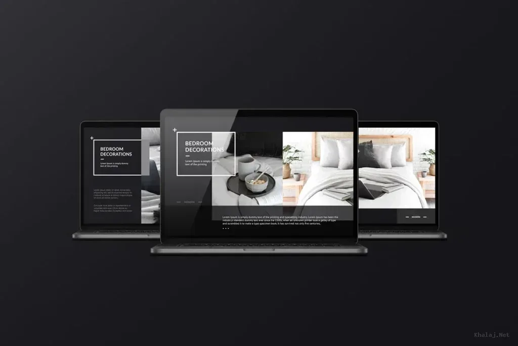 PSD Mockup Dark Laptop Device, Three dark laptops showing bedroom decoration presentations on screens