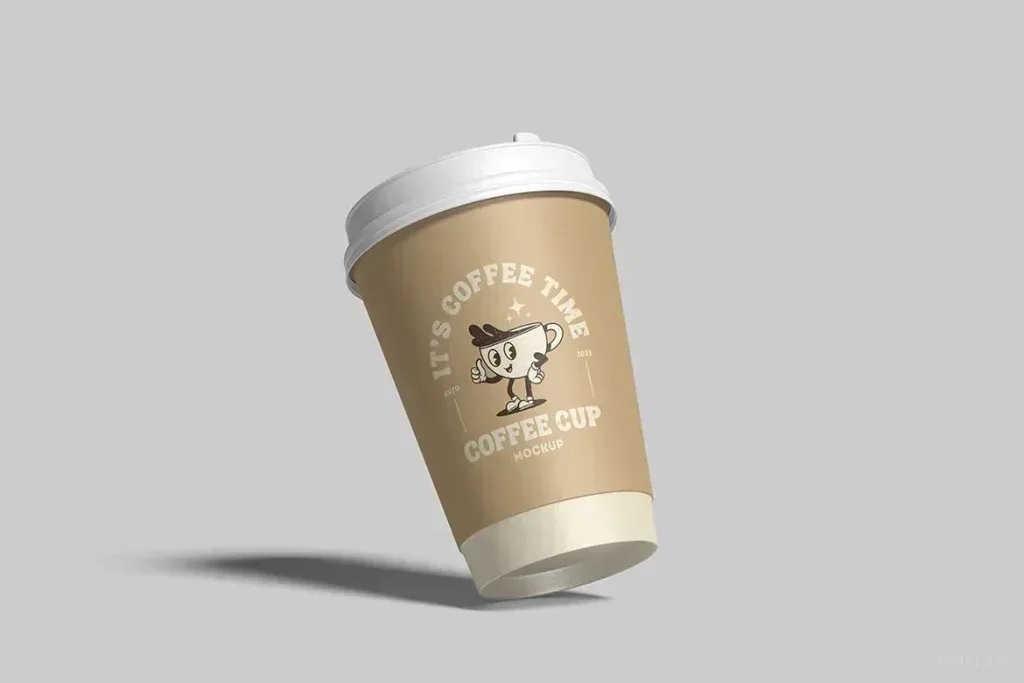 PSD Mockup Coffee Cup Design, Brown disposable coffee cup with white lid and cartoon coffee cup logo