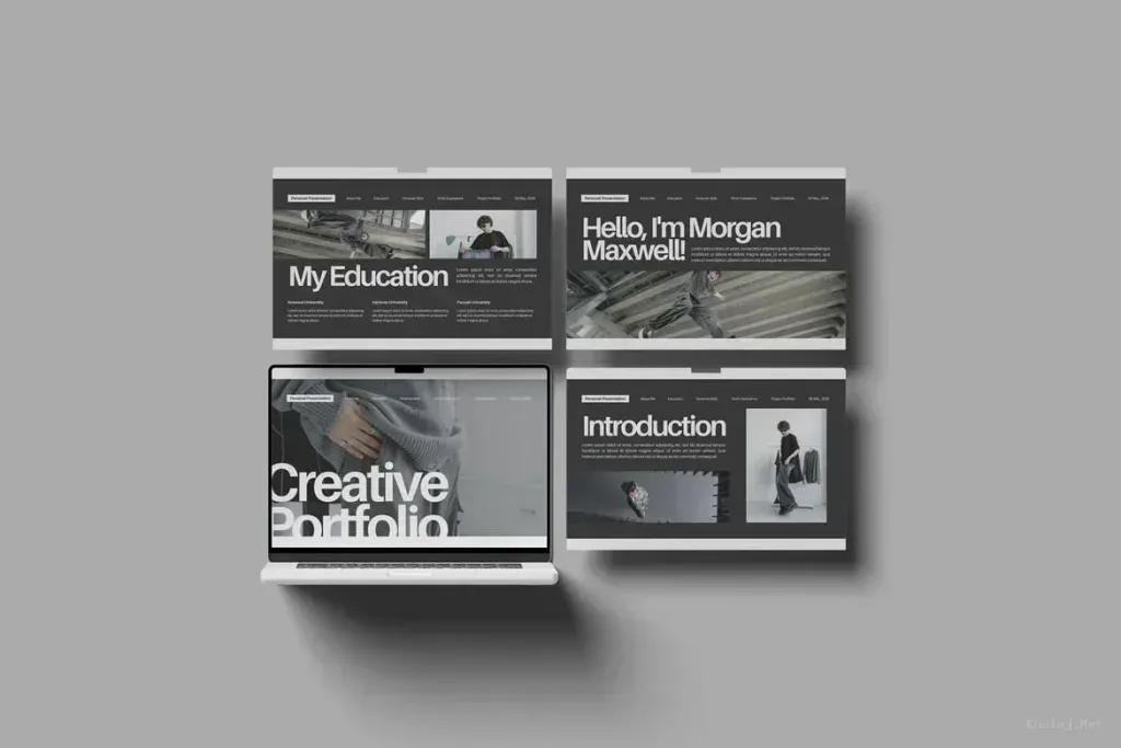 PSD Mockup Website Presentation Design, Website presentation mockup showing portfolio and education sections on laptop and…