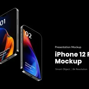 PSD Mockup iPhone 12 Pro, Two angled iPhone 12 Pro devices with colorful abstract screens on black background