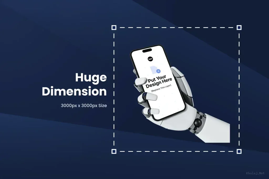 PSD Mockup Robot Hand Phone, Robot hand holding smartphone with blank screen on dark blue background