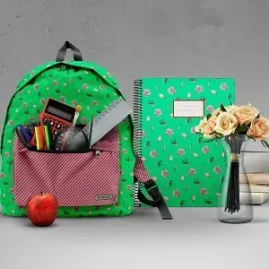 PSD Mockup Back to School Scene with Floral Backpack and Supplies PSD Mockup Back to School, Green floral backpack with school supplies and notebook with flowers in vase