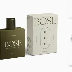 PSD Mockup Perfume Bottle Design, Matte olive green perfume bottle with matching box labeled BOSE