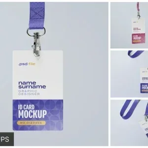 PSD Mockup ID Card Set, ID card mockup with purple lanyard and geometric design