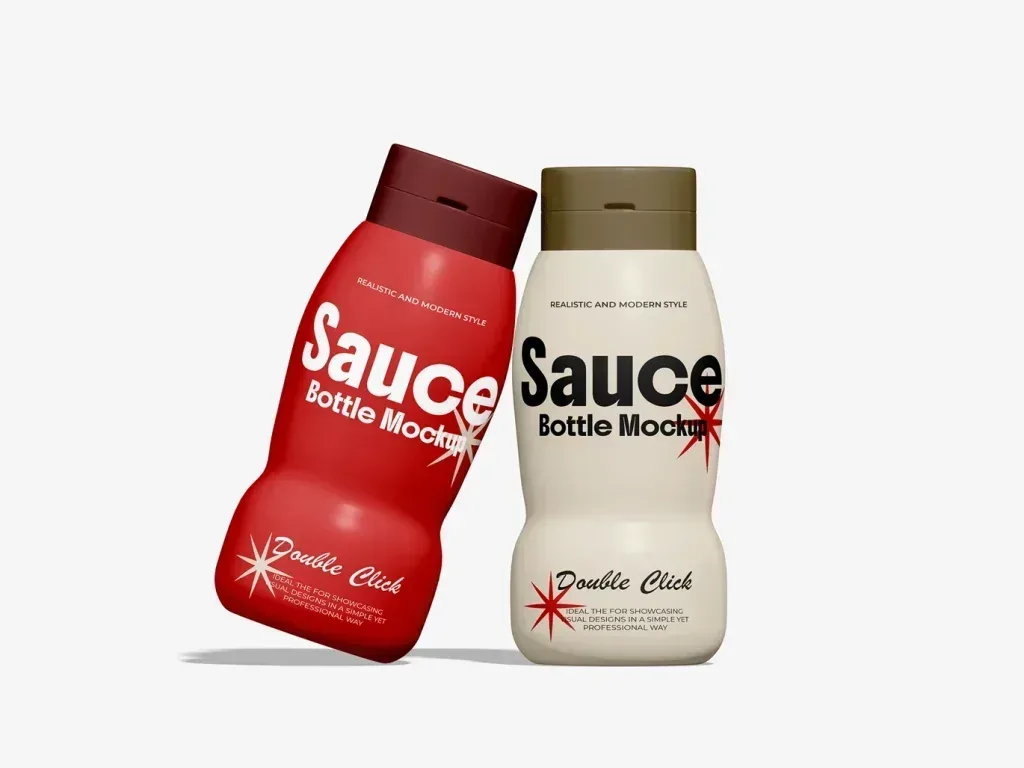PSD Mockup Sauce Bottle Design, Two realistic sauce bottles mockup with red and beige colors