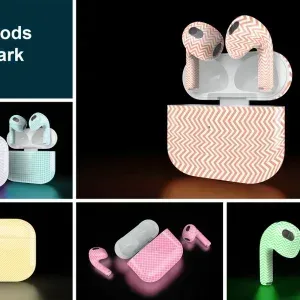 PSD Mockup AirPods Dark Device, AirPods with colorful geometric patterns on a dark background
