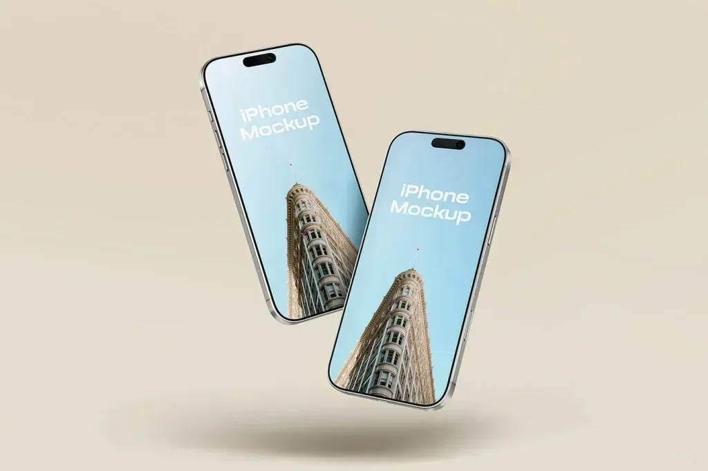 PSD Mockup iPhone Device Clean, Two floating iPhones with a building image on screen and text iPhone Mockup