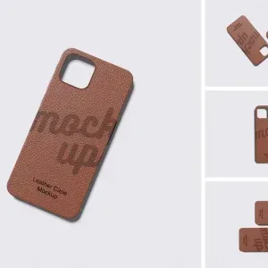 PSD Mockup Leather Case Design, Brown leather phone case mockup with textured surface and camera cutout