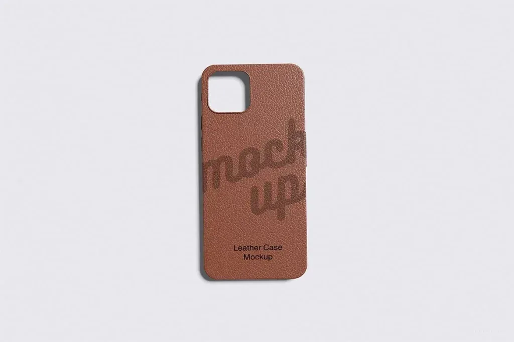 PSD Mockup Leather Case Design, Brown leather phone case with textured surface and camera cutout