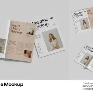 PSD Mockup Clean Realistic Magazine, Open realistic magazine mockup with clean editorial layout and neutral colors