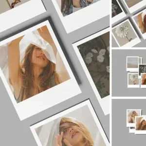 PSD Mockup Polaroid High, Four Polaroid frames with photos of a woman and flowers on a gray background