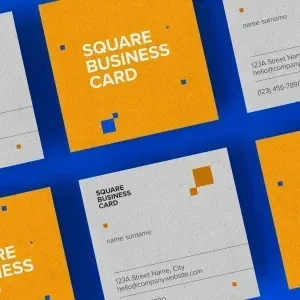 PSD Mockup Square Card Design, Square business cards with orange and gray design on blue background