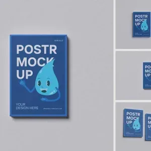 PSD Mockup Poster Design, Blue poster mockup with cartoon water drop character on gray background