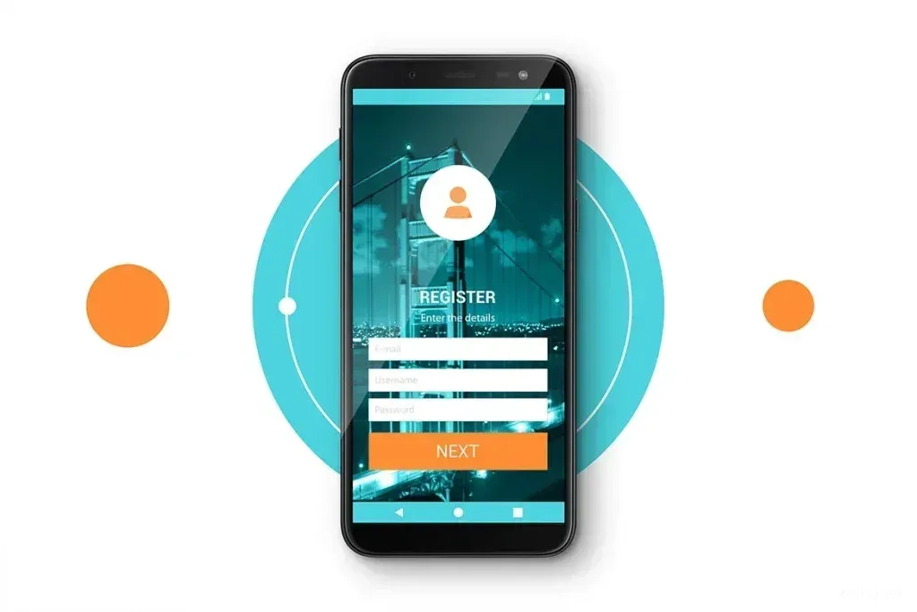 PSD Mockup Phone Screen Display, Smartphone showing a registration screen with email, username, and password fields