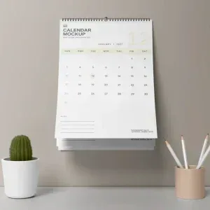 PSD Mockup Hanging Calendar Design, Minimalist hanging calendar with January 2027 month and white pencils in beige holder
