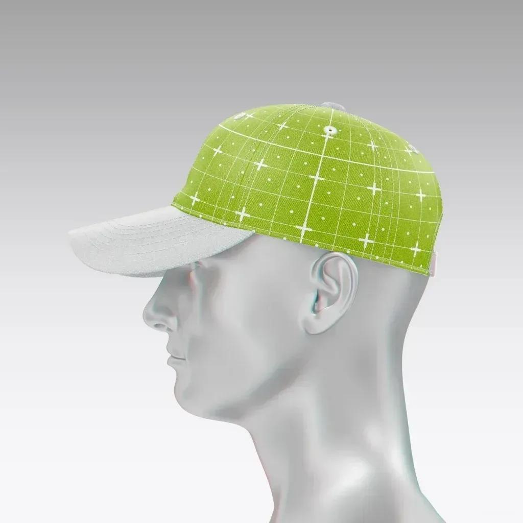 PSD Mockup Sport Cap with Manikin, Green sport cap with white grid pattern on mannequin head