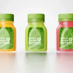 PSD Mockup Juice Plastic Bottles Set with Green Caps PSD Mockup Juice Plastic Bottles, Set of three juice plastic bottles with green caps and colorful labels