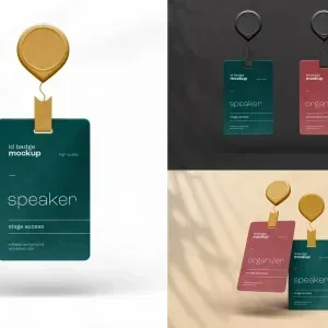 PSD Mockup ID Card Lanyard, ID card lanyards with speaker and organizer badges in green and red colors
