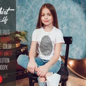 PSD Mockup Kids T-Shirt Design, Girl wearing white kids t-shirt with fingerprint design sitting on black chair