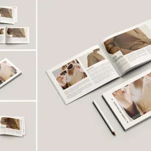 PSD Mockup Landscape Magazine, Open landscape magazine with fashion photos and text alongside a pencil on beige background