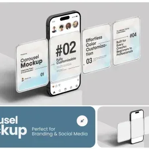PSD Mockup Liquid Glass Instagram, Smartphone with four transparent carousel cards showing Instagram post mockup with…