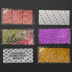 PSD Mockup Bubble Wrap Packaging, Six rectangular foam sheets with bubble wrap packaging in various colors and patterns on…