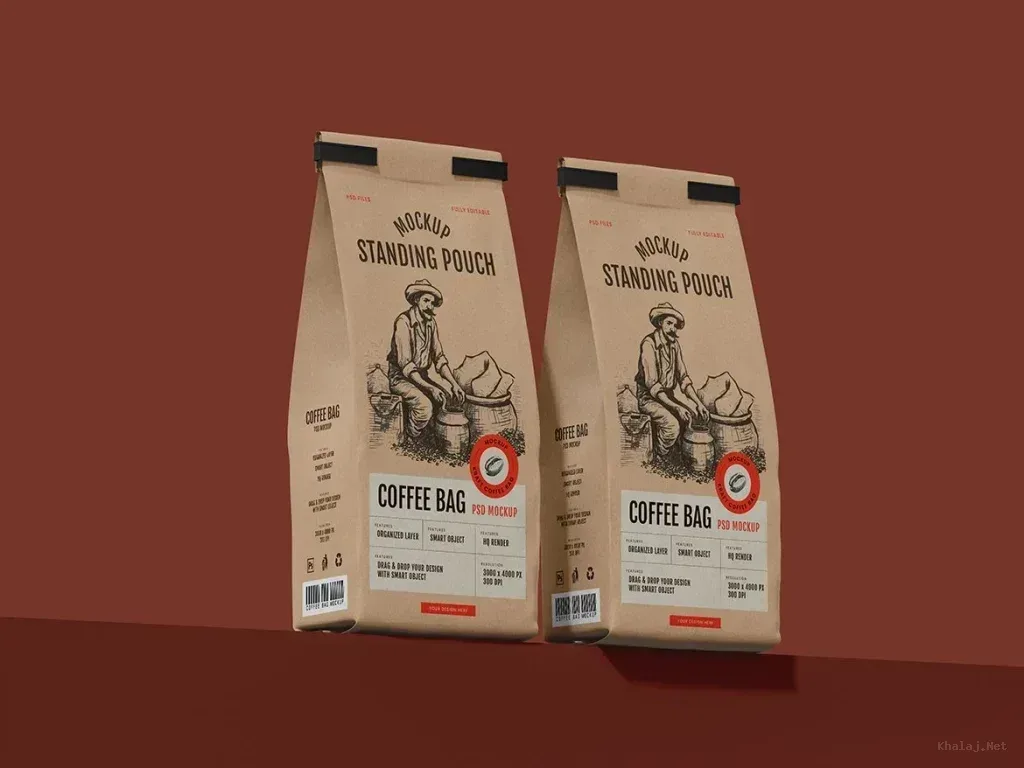 PSD Mockup Coffee Packaging Design, Two kraft paper standing pouches with coffee bag design and vintage illustration