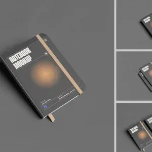 PSD Mockup Notebook High, Closed dark gray notebook with elastic band and orange circle design on cover