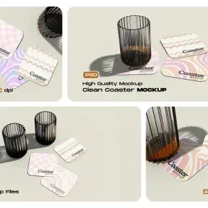 PSD Mockup Coaster High, Set of four square coasters with pastel abstract patterns and black text on a light background