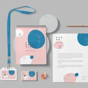 PSD Mockup Branding Stationery Set, Branding stationery set with notebook, business card, ID badge, letterhead, and pencil…