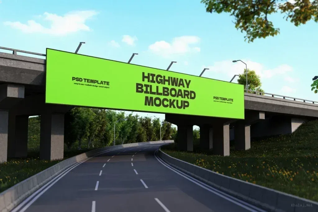 PSD Mockup Highway Billboard Sign, Highway billboard mockup on a bridge over a curved road with green surroundings