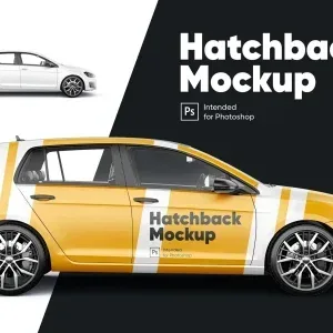 PSD Mockup Hatchback Vehicle Design, Yellow and white hatchback car mockup with black wheels on split black and white…