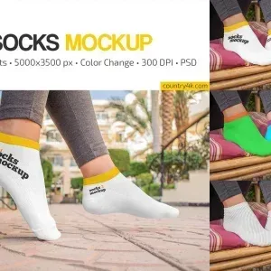 PSD Mockup Socks Presentation Set, Feet wearing white ankle socks with yellow cuffs in outdoor and indoor settings