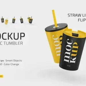 PSD Mockup Classic Tumbler 12, Classic tumbler mockup with straw lid and flip lid in black and yellow colors