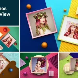PSD Mockup Frames Top View, Top view of colorful photo frames with floral portraits on vibrant geometric backgrounds