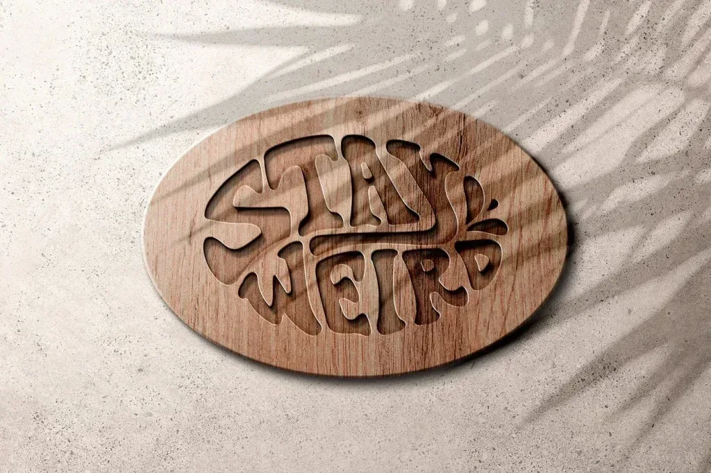 PSD Mockup Wooden Sign Cut, Oval wooden sign with carved text Stay Weird on textured surface