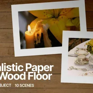 PSD Mockup Realistic Paper on Wood, Two realistic paper mockups on wooden floor with candle and floral tea set images