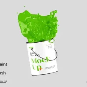 PSD Mockup Glossy Paint Bucket, Glossy white paint bucket with bright green paint splash