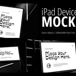PSD Mockup iPad Device Presentation, iPad device mockup showing screen with placeholder text and stylus on dark background
